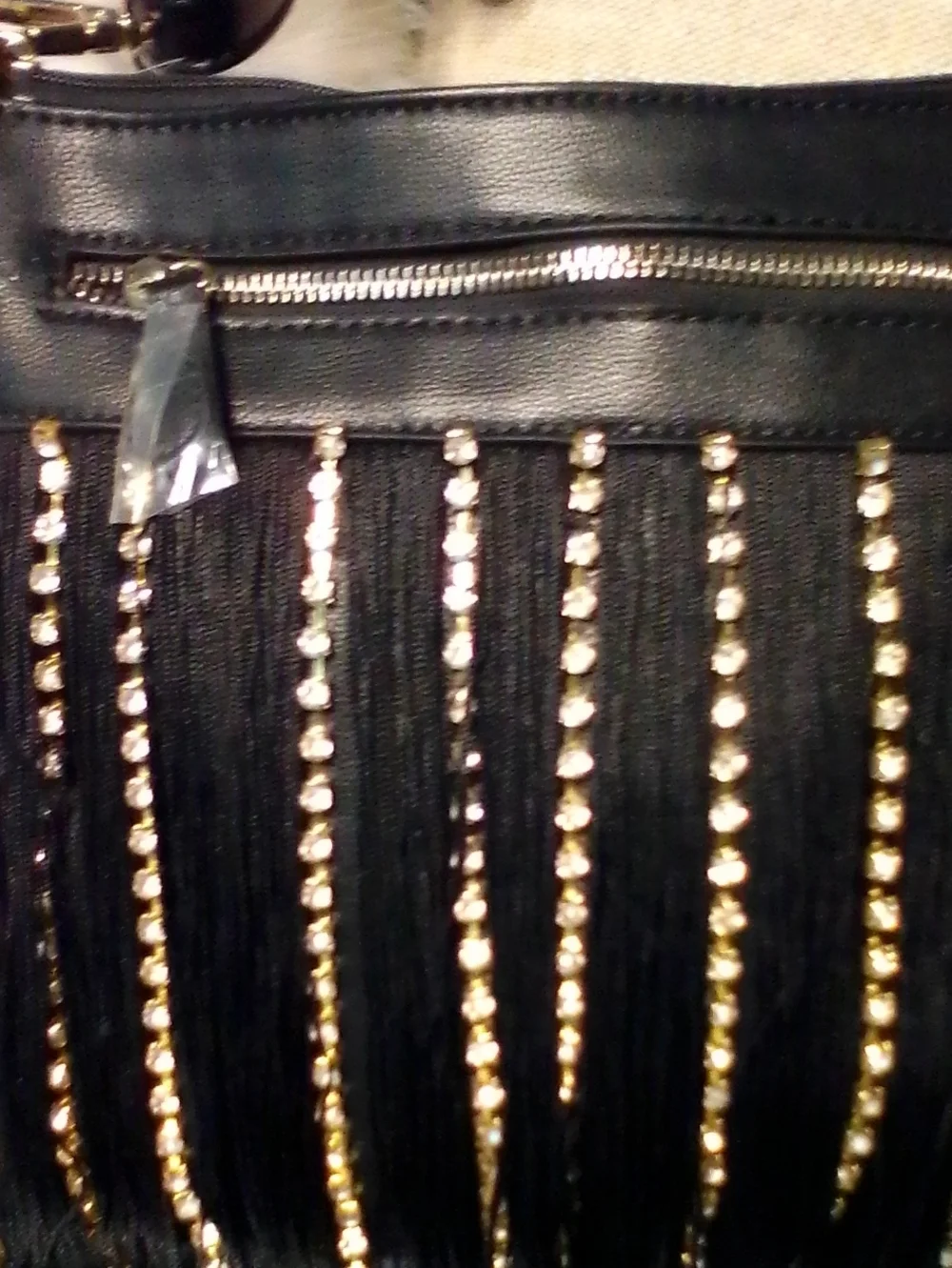 VETTA Black Fringe Crossbody with Gold Rhinestone Strips